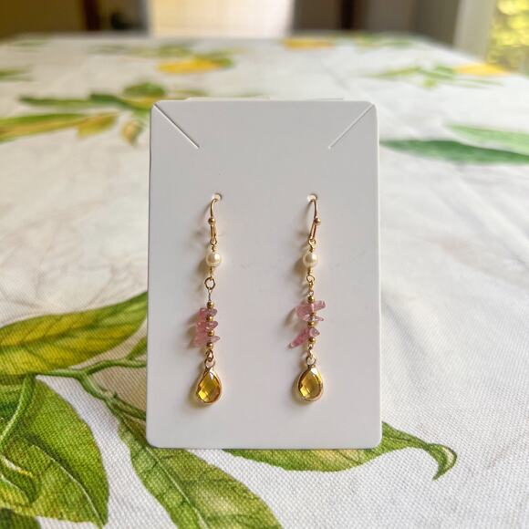 Rose Quartz Earrings, Citrine Pearl Strawberry Earrings, Cute Casual Colorful - Picture 1 of 8